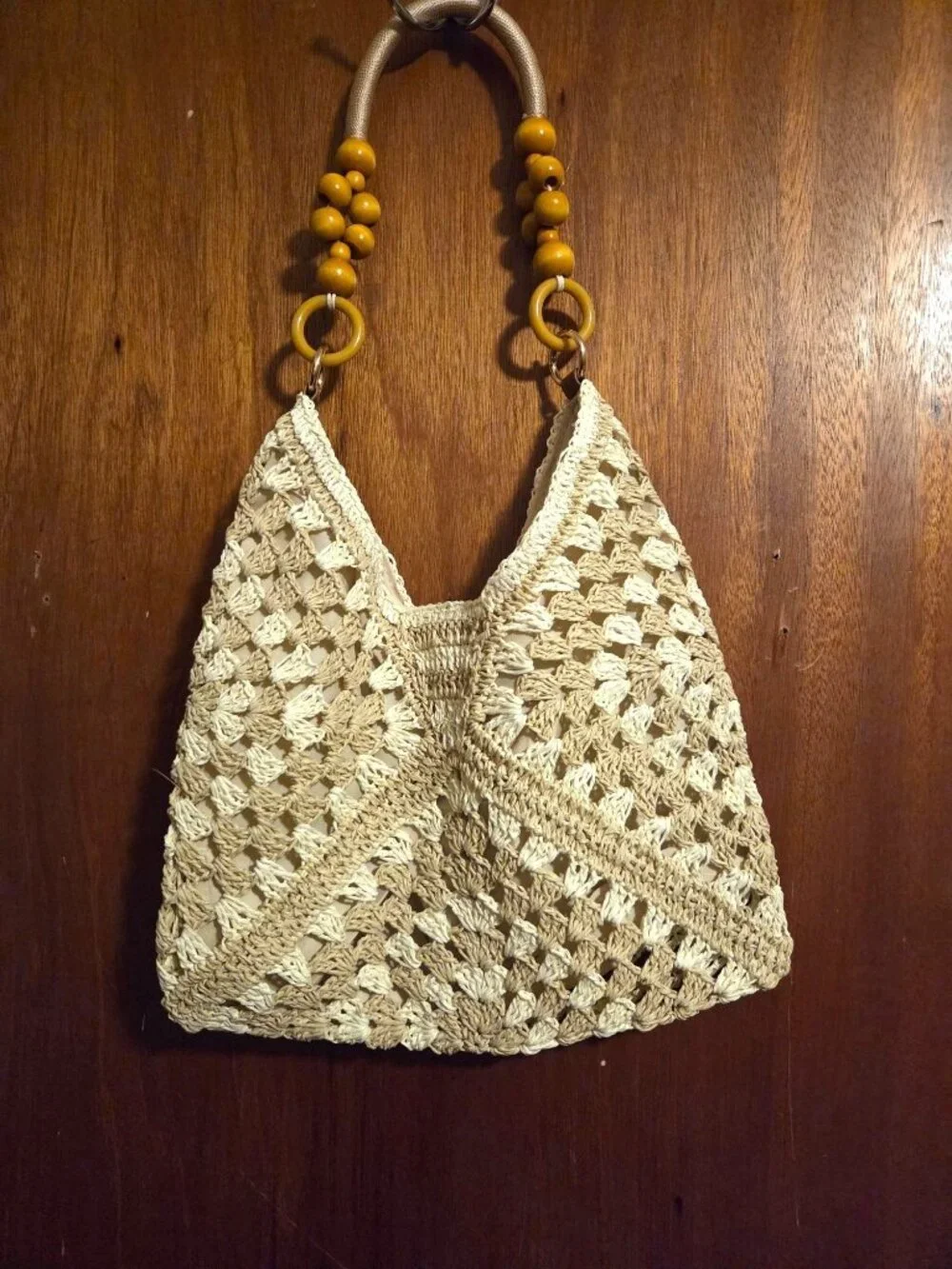Crochet Shoulder Bag With Beaded Handle & Magnetic Closure - Beige & Brown Tones